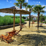 Unter strohgedeckten Sonnenschirmen und Palmen stehen hölzerne Liegestühle auf einer Sandfläche neben einem Steinweg, mit hohem Gras und blauem Himmel im Hintergrund.