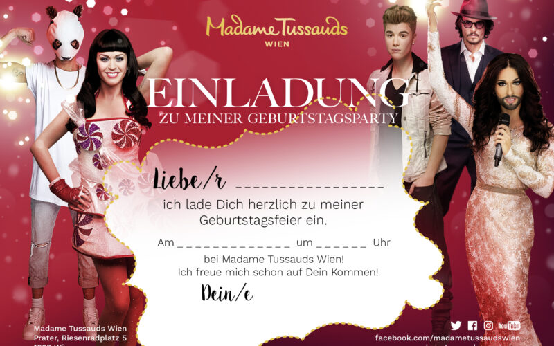 Geburtstagsparty-Einladung von Madame Tussauds Wien mit Wachsfiguren von Berühmtheiten auf rotem Hintergrund, wobei die Veranstaltungsdetails zum Ausfüllen frei gelassen werden.