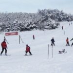 Menschen fahren Ski und Snowboard auf einer verschneiten, von Bäumen umgebenen Piste. Im Hintergrund ist ein rotes Schild mit der Aufschrift "GUTTMANN" zu sehen.