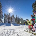 Vier Personen in farbenfrohen Skiklamotten stehen auf einer verschneiten Piste mit Skiern, umgeben von Pinienbäumen unter strahlender Sonne und blauem Himmel.