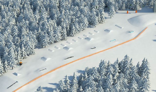 Luftaufnahme eines schneebedeckten Terrainparks in einem Wald mit verschiedenen Rampen, Schienen und Hindernissen für den Wintersport.