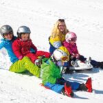 Vier Personen, zwei Erwachsene und zwei Kinder, sitzen in Winterkleidung und mit Helmen im Schnee und scheinen sich auf einer Skipiste auszuruhen oder zu posieren.