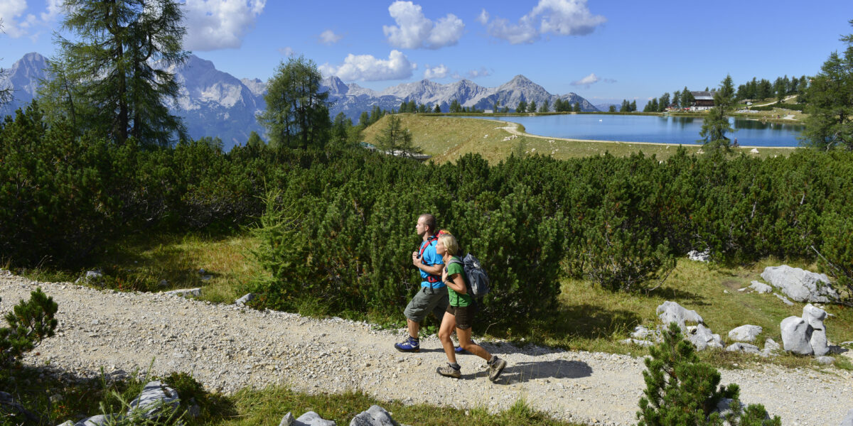 Zwei Personen wandern auf einem Schotterweg durch grüne Büsche mit Bergen, einem See und einem klaren blauen Himmel im Hintergrund.