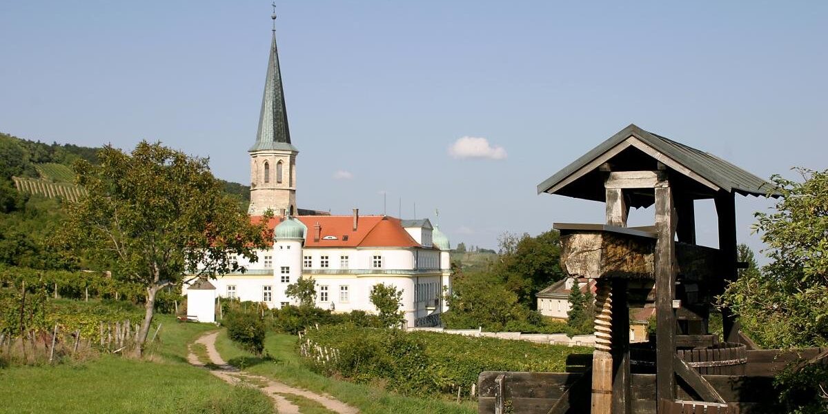 Ein gewundener Feldweg führt an Weinstöcken vorbei zu einem weißen Gebäude mit einem hohen Turm; im rechten Vordergrund steht ein hölzerner Brunnen unter freiem Himmel.