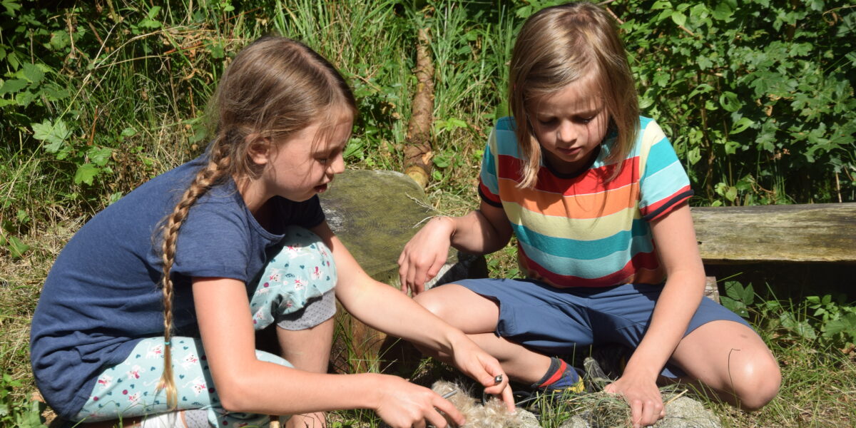 Zwei Kinder sitzen im Freien auf einem Felsen und betrachten und berühren Gegenstände auf dem Boden, während im Hintergrund Grünflächen zu sehen sind.