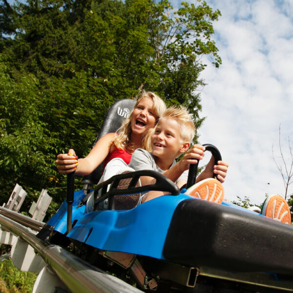 Eine Frau und ein kleiner Junge fahren gemeinsam auf einer blauen Alpenachterbahn, umgeben von grünen Bäumen und einem teilweise bewölkten Himmel.