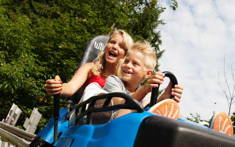Eine Frau und ein kleiner Junge fahren gemeinsam auf einer blauen Alpenachterbahn, umgeben von grünen Bäumen und einem teilweise bewölkten Himmel.