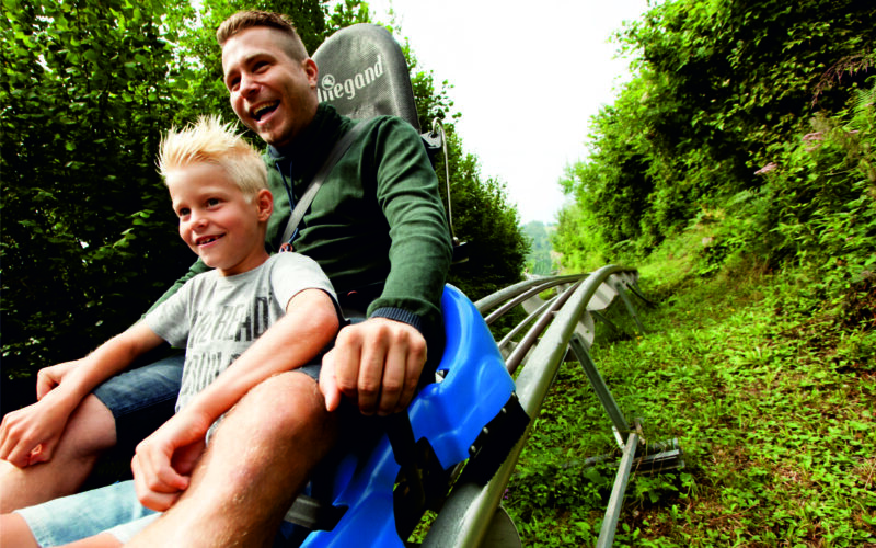 Ein Erwachsener und ein Kind fahren gemeinsam auf einer blauen Alpenachterbahn, die von grünen Bäumen und Gras umgeben ist, auf einer Abfahrtsstrecke.