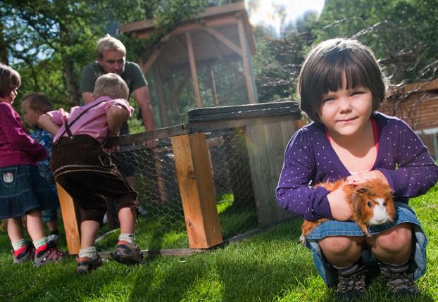 Ein junges Mädchen hält ein Meerschweinchen im Gras, während andere Kinder und ein Erwachsener in ein Freiluft-Tiergehege im Hintergrund schauen.
