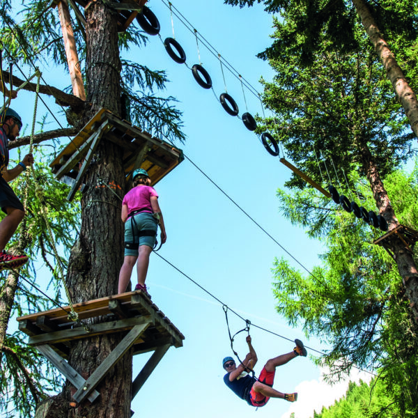 Drei Personen mit Helmen navigieren an einem sonnigen Tag durch einen Baumkronen-Seilgarten mit Plattformen, Seilen und aufgehängten Reifen zwischen hohen Bäumen.