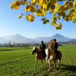 Zwei Personen reiten auf Pferden über eine Wiese unter einem Baum mit gelben Blättern, mit Bergen und einem klaren blauen Himmel im Hintergrund.
