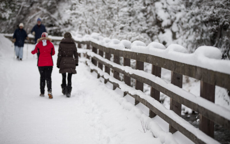 Menschen gehen auf einem schneebedeckten Pfad neben einem Holzzaun entlang, während Bäume und Boden an einem Wintertag mit Schnee bedeckt sind.
