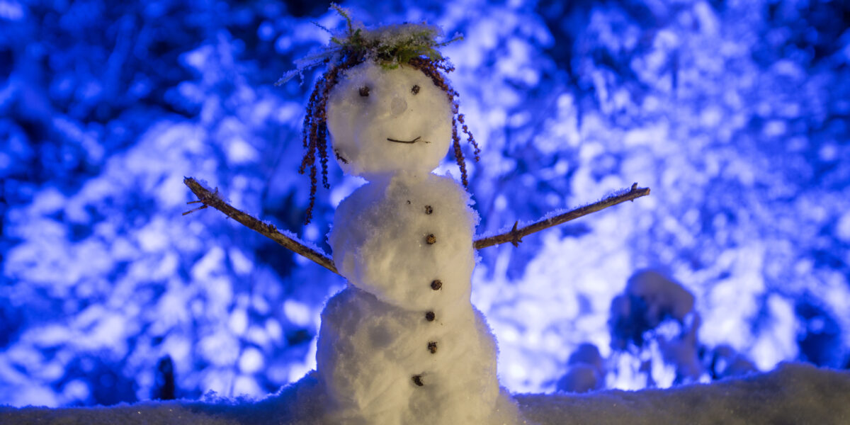 Ein kleiner Schneemann mit Zweigarmen, einem lächelnden Gesicht und Knopfdetails steht nachts draußen, umgeben von Schnee und von blauen Lichtern beleuchtet.