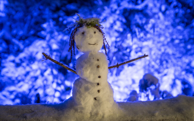 Ein kleiner Schneemann mit Zweigarmen, einem lächelnden Gesicht und Knopfdetails steht nachts draußen, umgeben von Schnee und von blauen Lichtern beleuchtet.