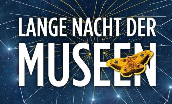 Plakat mit dem deutschen Text "Lange Nacht der Museen", mit einer gelben Motte und einem Sternenhintergrund mit Sternbildlinien.