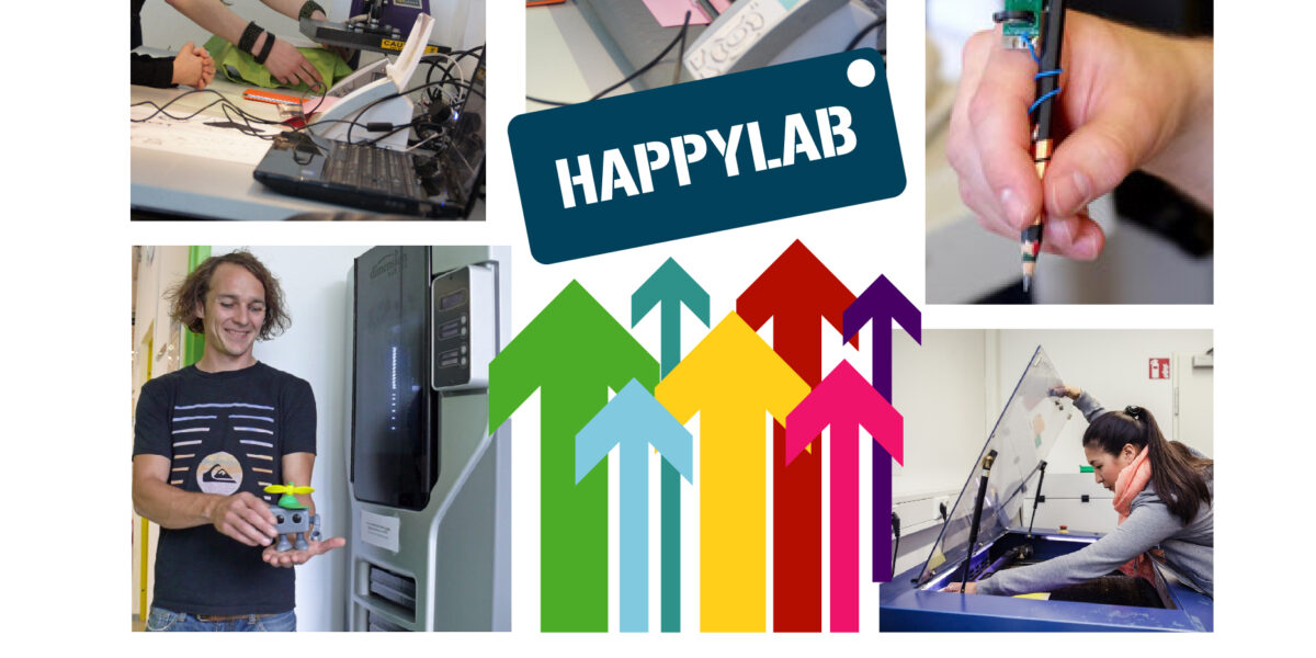 Eine Collage, die Menschen zeigt, die Laborgeräte, einen Leiterplattenstift, 3D-Druck, bunte Pfeile und ein Schild mit der Aufschrift „HAPPYLAB“ verwenden.