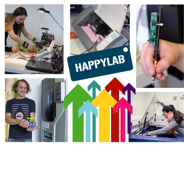 Eine Collage, die Menschen zeigt, die Laborgeräte, einen Leiterplattenstift, 3D-Druck, bunte Pfeile und ein Schild mit der Aufschrift „HAPPYLAB“ verwenden.