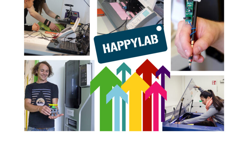 Eine Collage, die Menschen zeigt, die Laborgeräte, einen Leiterplattenstift, 3D-Druck, bunte Pfeile und ein Schild mit der Aufschrift „HAPPYLAB“ verwenden.