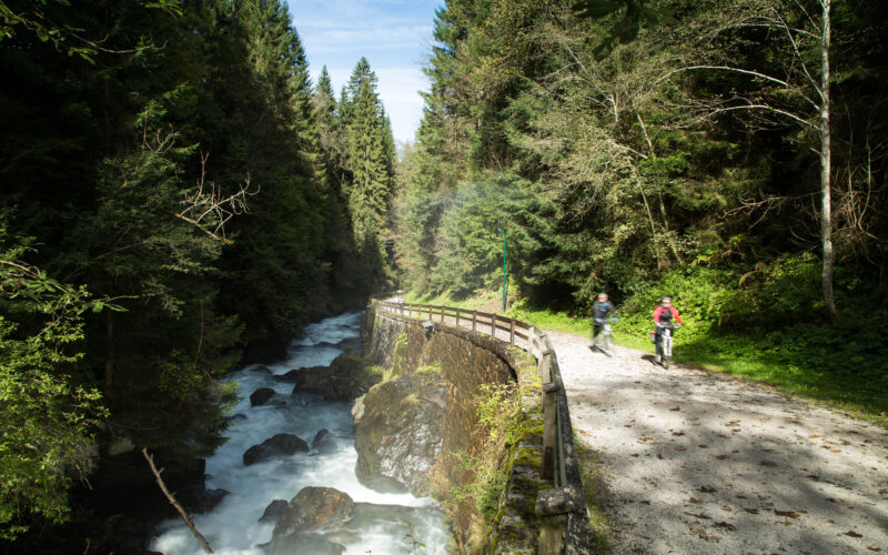 Zwei Wanderer gehen auf einem Schotterweg neben einem Fluss entlang, umgeben von dichtem grünem Wald und Sonnenlicht, das durch die Bäume fällt.