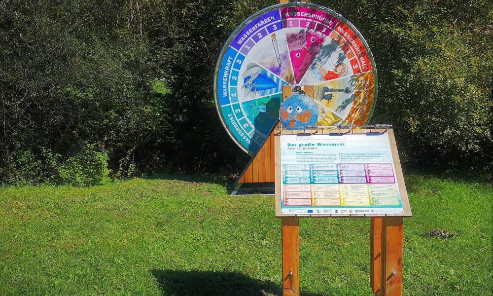 Ein buntes Spielrad und ein Informationsschild stehen im Freien auf einer Wiese mit Bäumen im Hintergrund.