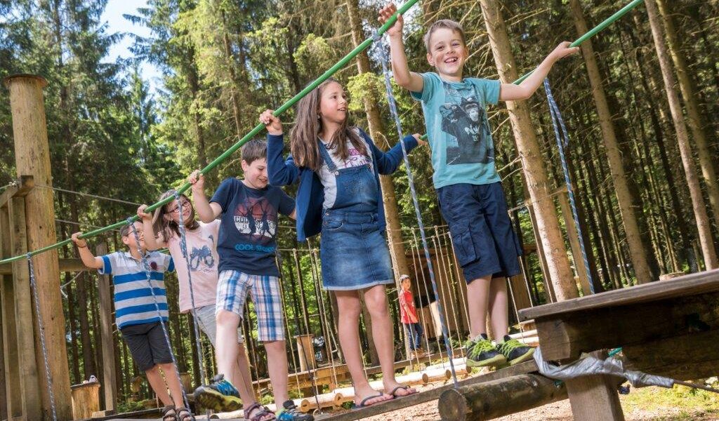 Fünf Kinder balancieren an einem sonnigen Tag auf Seilen und Holzbrettern in einem Outdoor-Abenteuerpark, umgeben von hohen Bäumen.