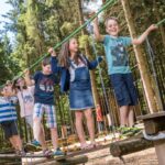 Fünf Kinder balancieren an einem sonnigen Tag auf Seilen und Holzbrettern in einem Outdoor-Abenteuerpark, umgeben von hohen Bäumen.