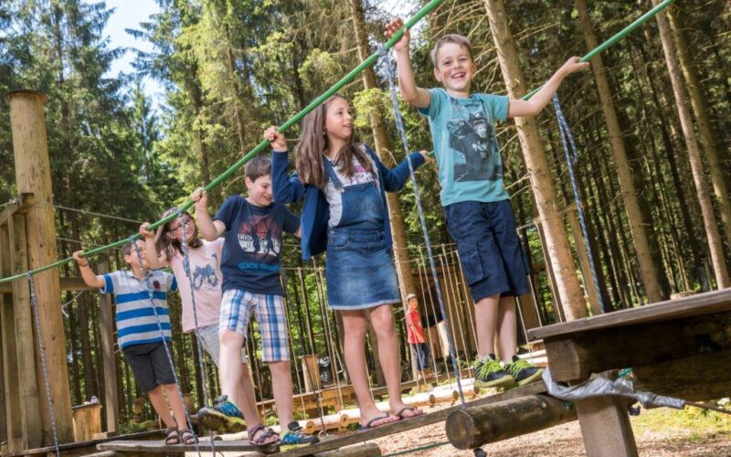 Fünf Kinder balancieren an einem sonnigen Tag auf Seilen und Holzbrettern in einem Outdoor-Abenteuerpark, umgeben von hohen Bäumen.