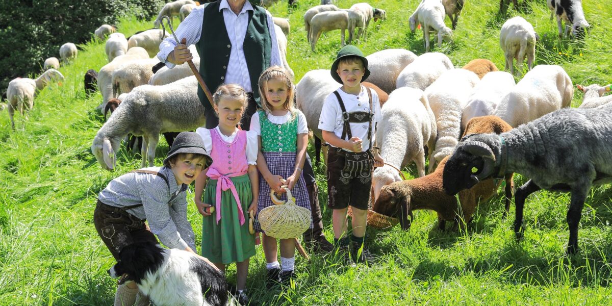 Ein Mann und vier Kinder in traditioneller Kleidung stehen auf einem grasbewachsenen Feld mit einer Schafherde und einem schwarz-weißen Hund.