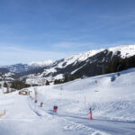 Skifahrer fahren einen schneebedeckten Hang in einem Skigebiet hinunter, im Hintergrund sind Berge und vereinzelte Bäume unter einem klaren blauen Himmel zu sehen.