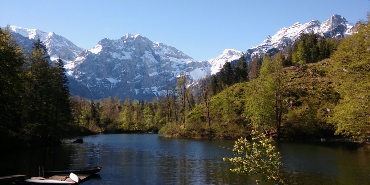 Ein ruhiger See mit zwei Holzbooten ist umgeben von Bäumen und schneebedeckten Bergen unter einem klaren blauen Himmel.