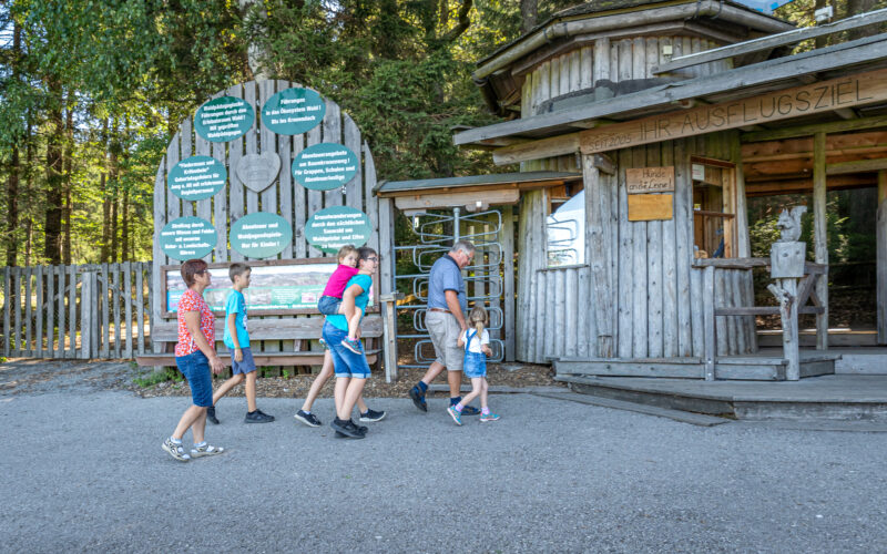 Ein Mann und fünf Kinder gehen in einem bewaldeten Außenbereich auf ein rustikales hölzernes Eingangstor mit Informationsschildern zu.