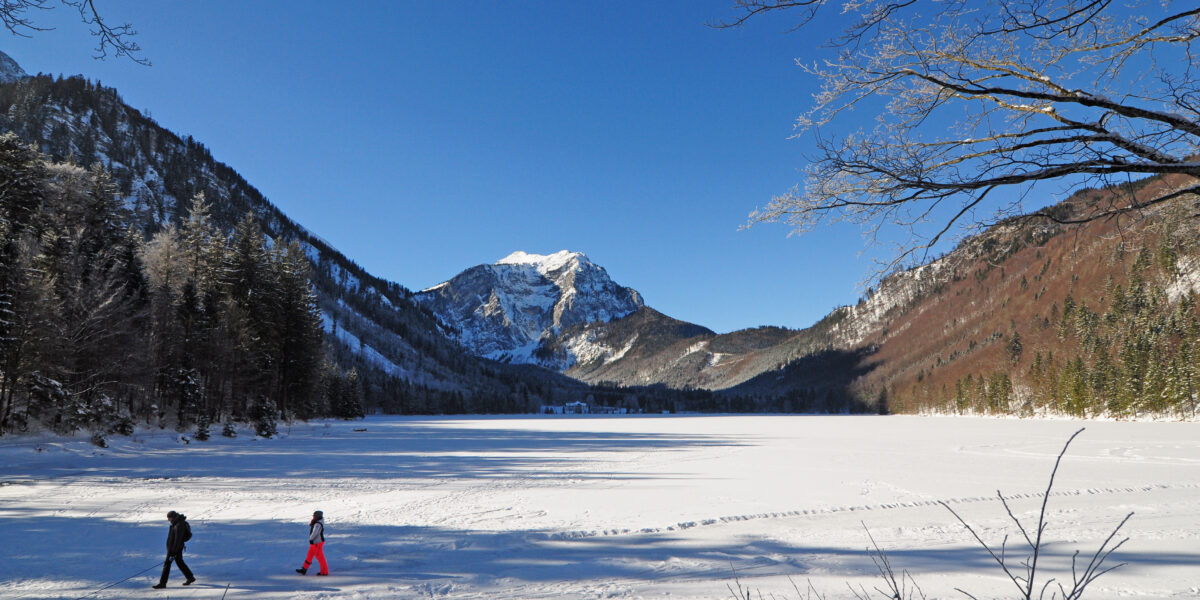 Zwei Menschen und ein Hund laufen unter einem klaren blauen Himmel über einen schneebedeckten, zugefrorenen See, der von Bergen und Bäumen umgeben ist.