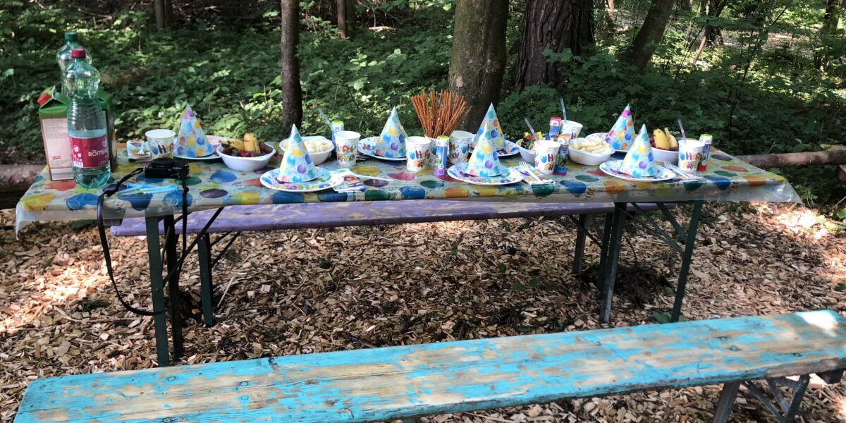 Ein Picknicktisch in einem Wald ist für eine Kinderparty mit bunten Hüten, Tellern, Tassen, Snacks und Getränken auf einer abgenutzten Holzbank und einem Tisch gedeckt.