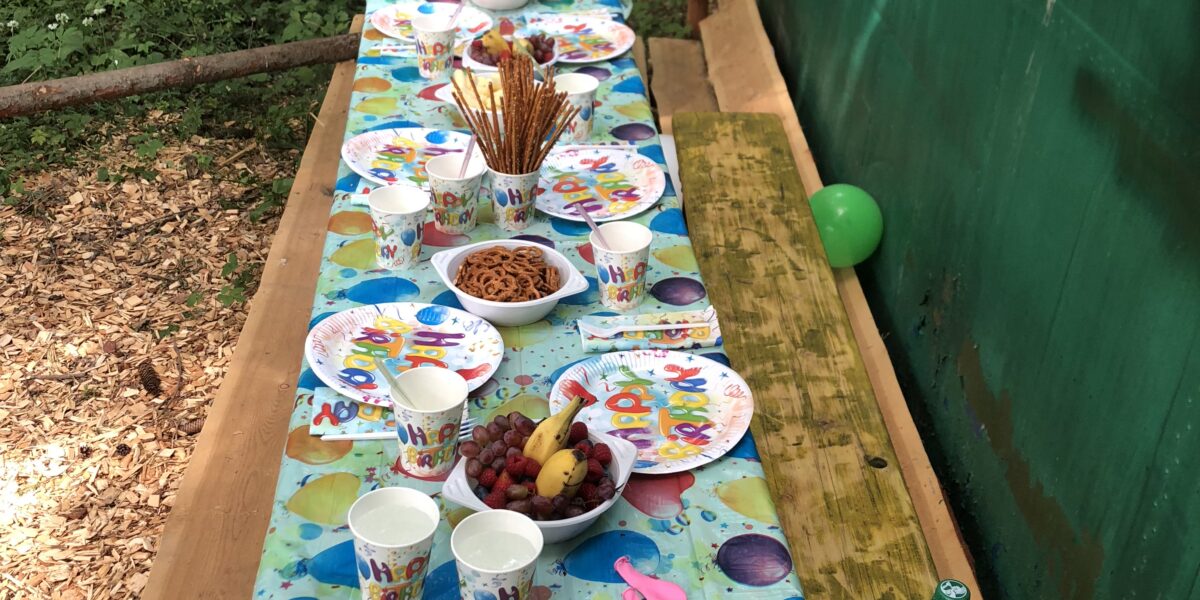 Ein langer Picknicktisch in einem Waldgebiet ist mit bunten Partytellern, Bechern, Snacks, Luftballons und Utensilien gedeckt, bereit für eine Kinderfeier im Freien.