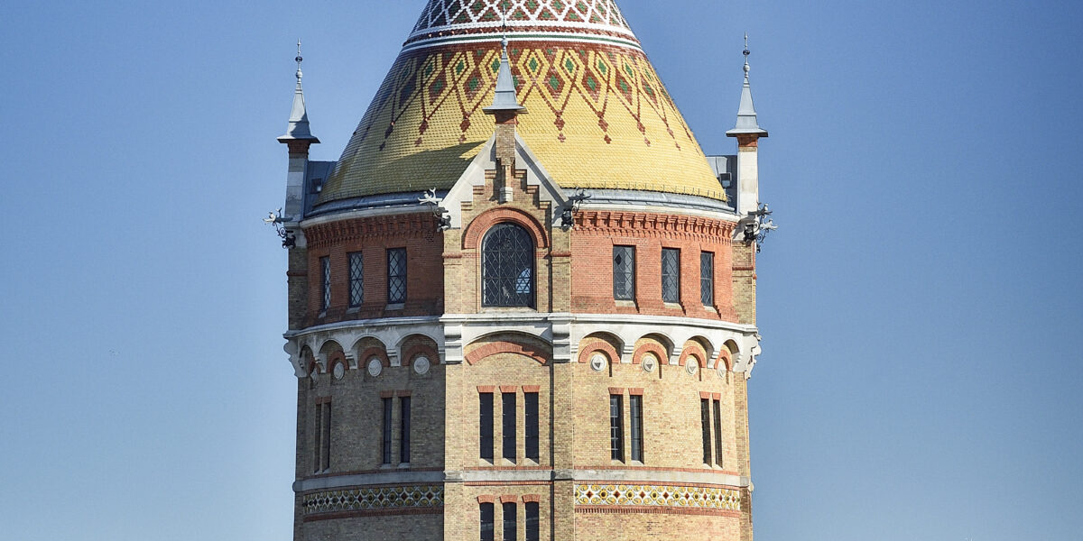 Ein hoher Ziegelstein-Wasserturm mit einem gelben Ziegeldach und kunstvollen Details, umgeben von grünen Bäumen unter einem klaren blauen Himmel.