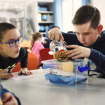 Zwei Jungen führen an einem Tisch im Klassenzimmer ein wissenschaftliches Experiment mit Wasser und Schwämmen durch, während andere Kinder zusehen.