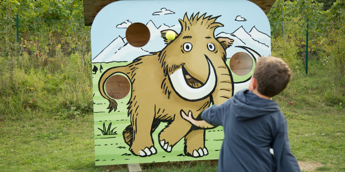 Ein kleiner Junge wirft einen Ball auf ein bemaltes Mammut-Zielbrett mit Löchern für ein Spiel im Freien auf einer Wiese.