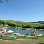 Ein Schwimmteich im Freien mit Menschen, die schwimmen, sich sonnen und spielen; umgeben von Wiesen und Bäumen unter einem klaren blauen Himmel.