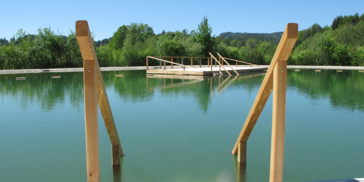 Ein Naturschwimmbad mit Holzgeländer und einer kleinen Holzplattform auf dem Wasser, umgeben von Grün unter einem klaren blauen Himmel.