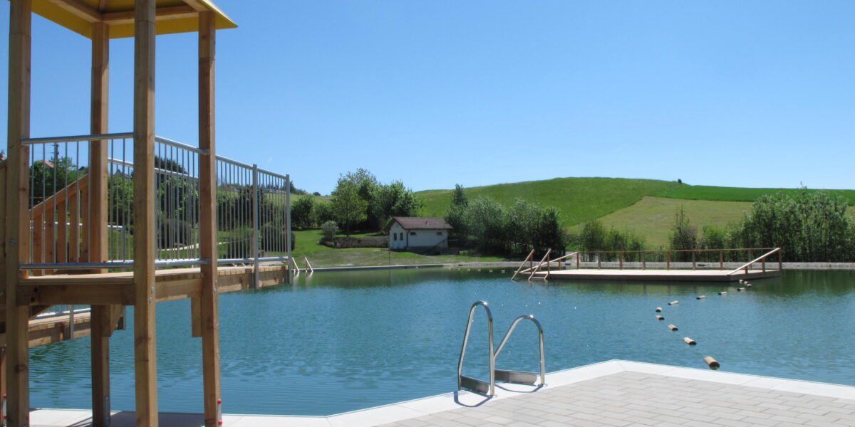Ein Schwimmteich mit einer Metallleiter, einem hölzernen Spielgerät, einem Steg und einem kleinen Gebäude, eingebettet in grasbewachsene Hügel unter einem klaren blauen Himmel.
