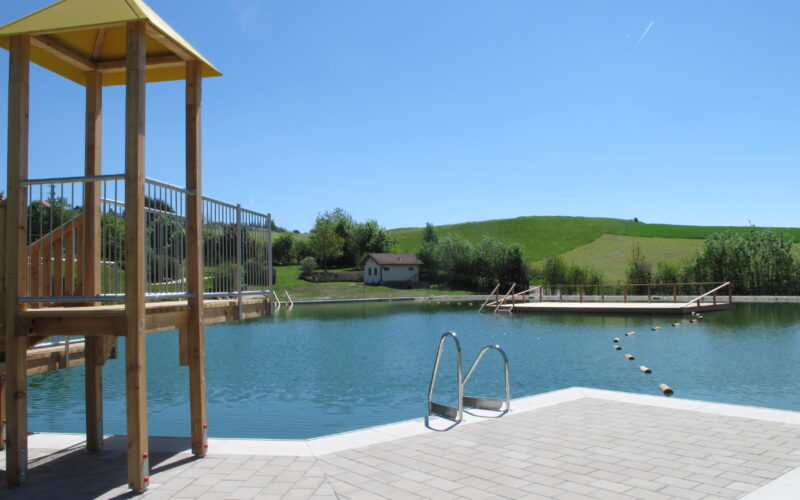 Ein Schwimmteich mit einer Metallleiter, einem hölzernen Spielgerät, einem Steg und einem kleinen Gebäude, eingebettet in grasbewachsene Hügel unter einem klaren blauen Himmel.