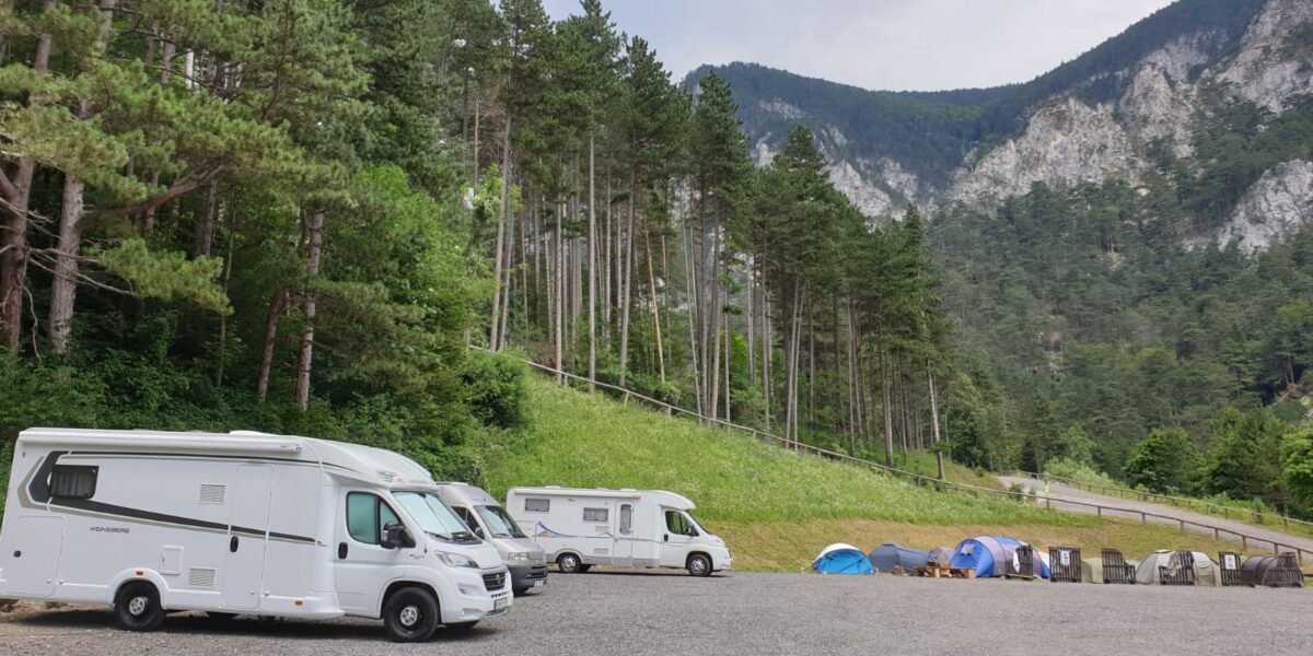 Drei Wohnmobile stehen auf einem Schotterplatz neben mehreren Zelten, vor der Kulisse hoher Kiefern und Berge unter einem wolkenverhangenen Himmel.