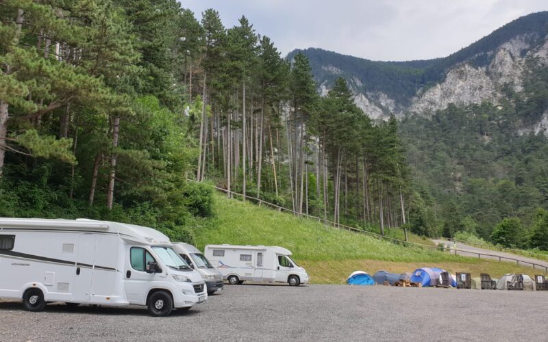 Drei Wohnmobile stehen auf einem Schotterplatz neben mehreren Zelten, vor der Kulisse hoher Kiefern und Berge unter einem wolkenverhangenen Himmel.