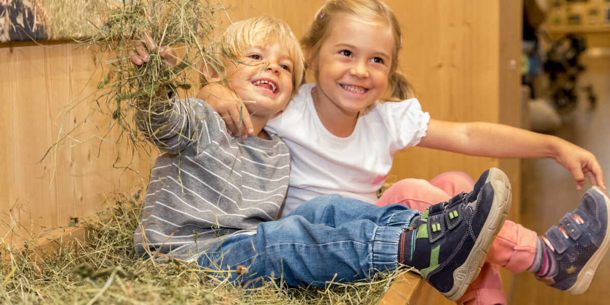 Zwei kleine Kinder sitzen lächelnd und spielend auf einem Heuhaufen im Haus, wobei eines eine Handvoll Heu hochhält.