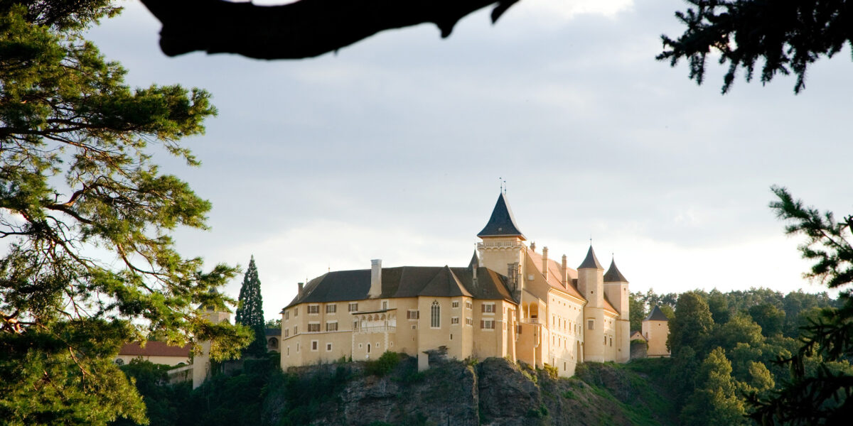 Ein großes, cremefarbenes Schloss mit mehreren Türmen steht auf einem felsigen Hügel, umgeben von Bäumen, die man durch die Äste im Vordergrund sieht.