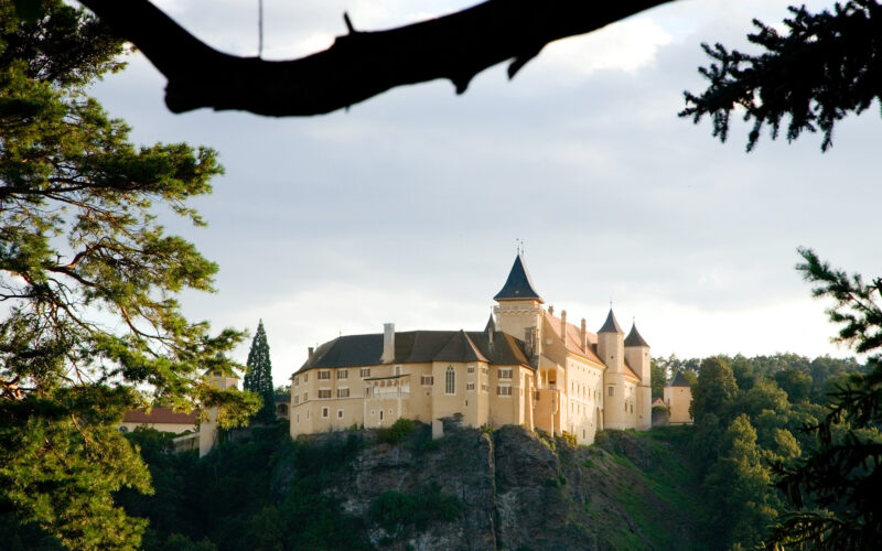 Ein großes, cremefarbenes Schloss mit mehreren Türmen steht auf einem felsigen Hügel, umgeben von Bäumen, die man durch die Äste im Vordergrund sieht.