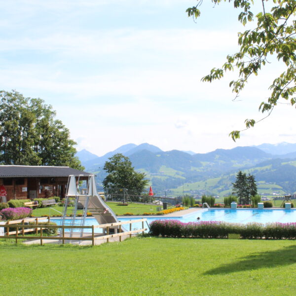 Außenschwimmbad mit einem Holzgebäude in der Nähe, umgeben von grünem Gras und Bäumen, mit Bergen im Hintergrund unter einem teilweise bewölkten Himmel.