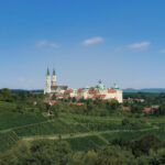 Luftaufnahme eines historischen Klosterkomplexes mit Zwillingstürmen, grünen Kuppeln und umliegenden Weinbergen unter einem klaren blauen Himmel.
