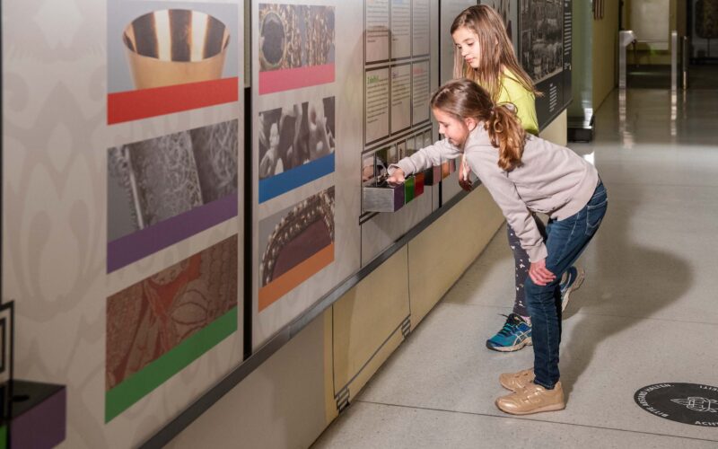 Zwei junge Mädchen interagieren mit einem Ausstellungsstück, indem sie in einem gut beleuchteten Museumsflur eine Schublade herausziehen.
