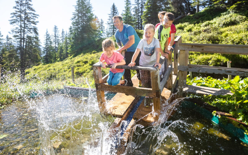 Vier Personen, darunter zwei Kinder, stehen auf einer kleinen Holzbrücke in einem sonnigen Wald, während um sie herum Wasser plätschert und eine lebhafte Szene im Freien entsteht.